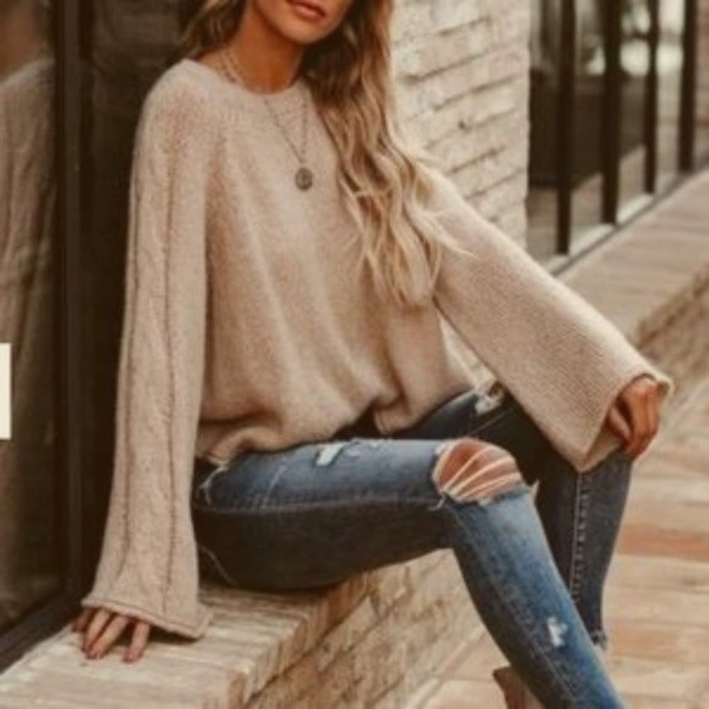 LUMIERE Bell Sleeve Cable Knit Sweater